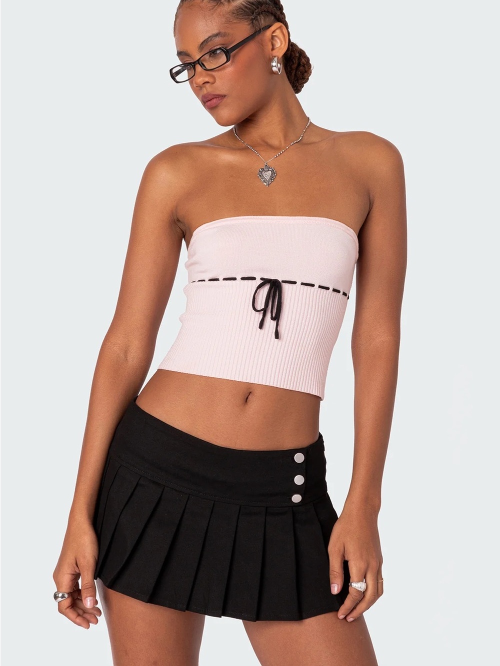 Edikted Pale Pink Strapless Ribbed Tube Top with Black Tie Detail
